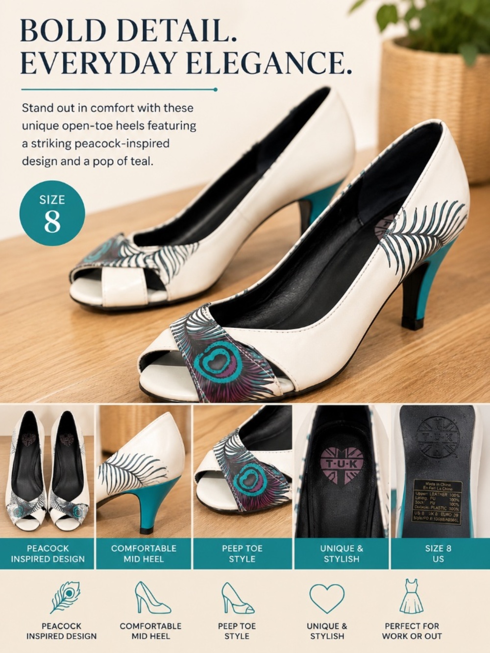 T.U.K. Peacock Print Peep Toe Heels Size 8 | Retro Pinup Statement Pumps